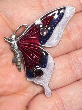 Vintage Enamel Butterfly Brooch Purple Red Silver Tone Rhinestone Pin